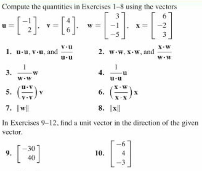 Compute the quantities in exercises 1 8 using the vectors