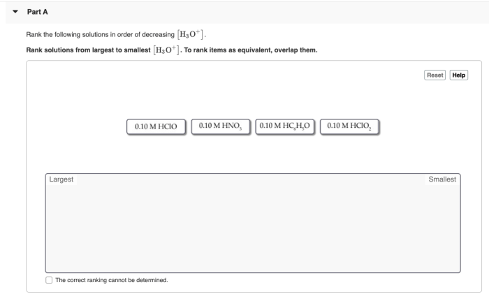 Rank the solutions in order of decreasing h3o+